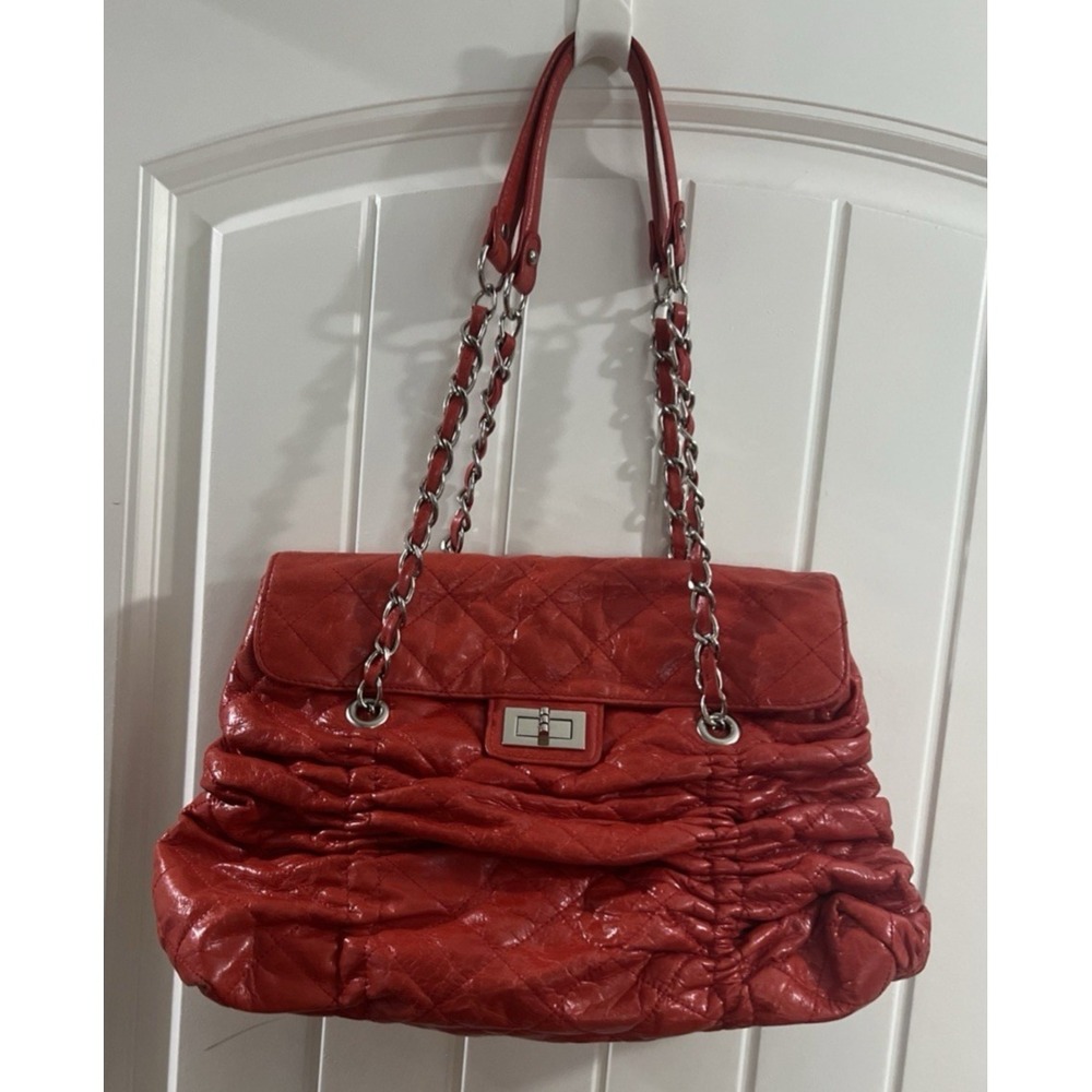 Red Quilted Stitched Fold Over Shoulder Bag Silver Hardware Double Handled Purse